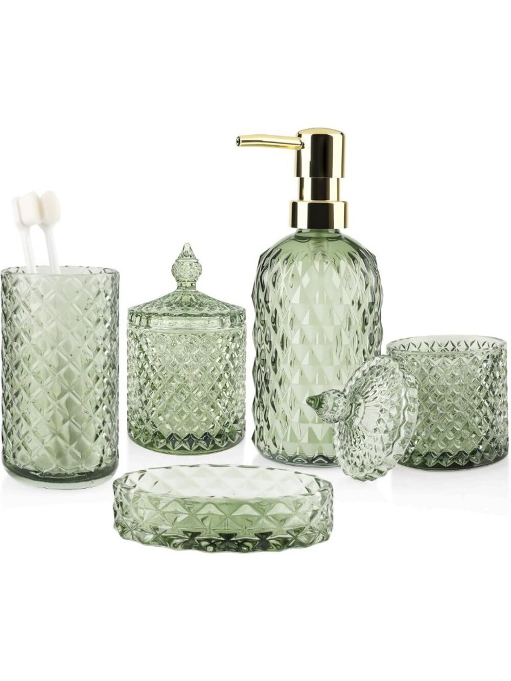Vintage Green Glass Bathroom Accessories Set - 5-Piece Decorative Home Decor